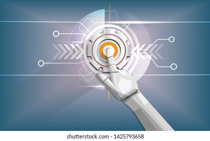The hands of the robot point to the beginning of success. With the background as a technology mesh of the future world,cyber board electronic interface intelligence cyber concept,vector, illustration.