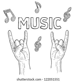 Hands with rock raised fingers.  Inscription MUSIC with notes