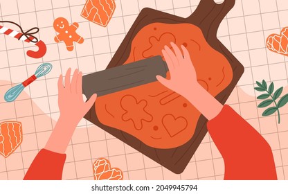 Tos de rodillo manual con pasador giratorio, hacer galletas en la mesa de cocina superior ilustración vectorial. Una mujer panadera de dibujos animados cortando las manos en diferentes formas, haciendo galletas en tablero de madera para cocinar fondo