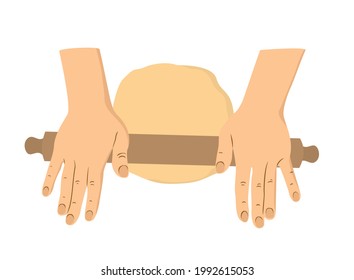 Hands roll out the dough with a rolling pin. Vector, isolated, white background.