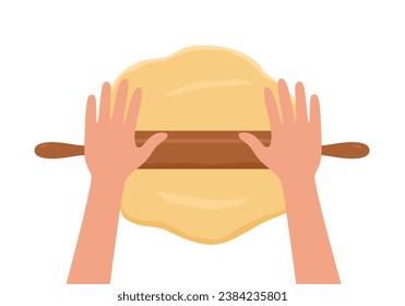 Hands rolling dough with rolling pin for baking, pizza, cookie, biscuit, bread in flat design on white background.