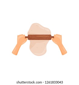 Hands rolling dough with a rolling pin, top view vector Illustration on a white background