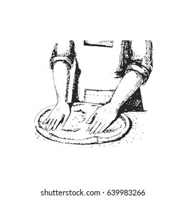 Hands rolling dough for pizza. Vector illustration of a sketch. Hand-drawn.