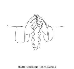 hands with rosary beads, praying, Muslim prayer one line art. Continuous line drawing of online Muslims, Islam, traditions, clothing, folk, oriental.