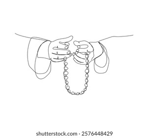 hands with rosary beads, praying, Muslim prayer one line art. Continuous line drawing of online Muslims, Islam, traditions, clothing, folk, oriental.