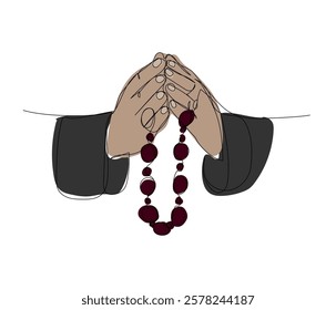 hands with rosary beads, praying, Muslim prayer one color line art. Continuous line drawing of online Muslims, Islam, traditions, clothing, folk, oriental.