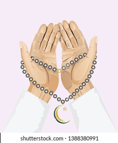 hands with rosary, islamic symbols, vector illustration