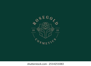 Manos con Ilustración vectorial de Plantilla de diseño de logotipo de línea circular de marco geométrico de flor de rosa. Brazos elegantes con el logotipo minimalista floral del lujo de la flor para la clínica cosmética de la cosmética del cuidado de piel