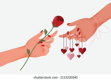 Hands with rose and hearts. Valentine's card. Vector coloful