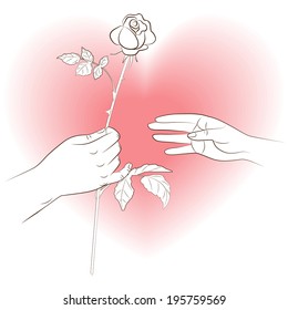 Hands with rose on the heart shaped background.