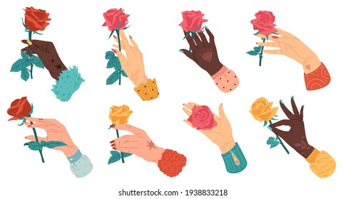 Hands with roses. Cartoon flat modern graphics, female hands hold different plants, human tattooed arms with flowers. Vector set