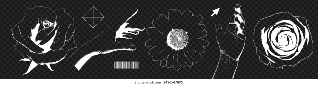 Hände und Rosen mit einem negativen Retro-Fotokopieeffekt gesetzt. Trendy y2k Elemente für brutalistisches Design. Korneffekt und Strippling Textur. Vektorgrafik.