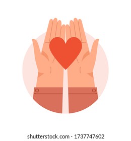 Hands in round isolated on white holding red heart. Vector illustration concept for sharing love, empathy, compassion, philanthropy, helping others, charity 