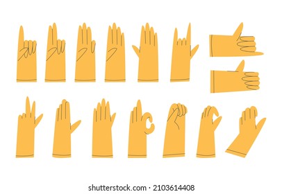 Hands in rubber bands for cleaning the premises. A set of gestures. Isolated flat on white background.