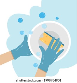 Hands in a rubber glove washes a plate with a sponge. Washing dishes in a cartoon flat style with foam bubbles. Vector illustration