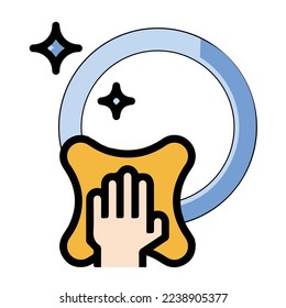 Hands in a rubber glove washes a plate with a sponge. Washing dishes in a cartoon flat style with foam bubbles. Dish washing system with hand and sponge vector illustration. 
