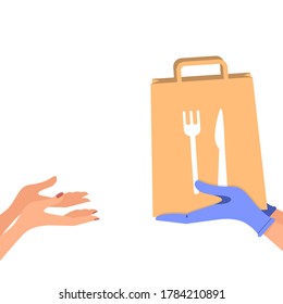Hands in rubber gloves hold a bag of food. Concept: delivery during quarantine, self-isolation. Vector illustration, flat cartoon design, isolated on white background, eps 10.