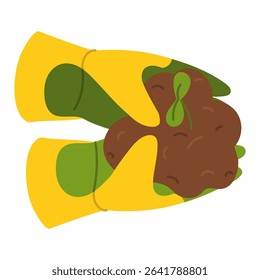 hands in rubber gloves hold sprout in ground for planting. Gardening tools. Flat color illustration. Suitable topics of ecology, horticulture, sustainable development, planting and nature protection