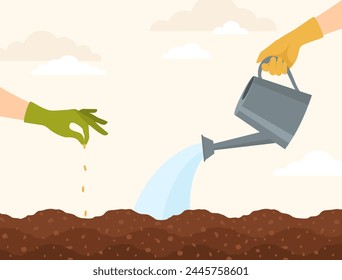 Hands in rubber gloves planting seeds in the soil and watering it from a watering can. Flat vector illustration