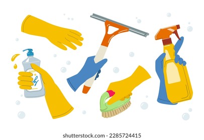 Hands in rubber gloves set. Cleaning of apartment, cleanliness and hygiene. Collection of hands with brush, window scraper and cleaner. Cartoon flat vector illustrations isolated on white background