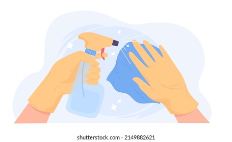 Hands in rubber gloves with spray and wipe. Person cleaning, sanitizing, disinfecting or washing surface, of flat vector illustration. Hygiene, housekeeping concept