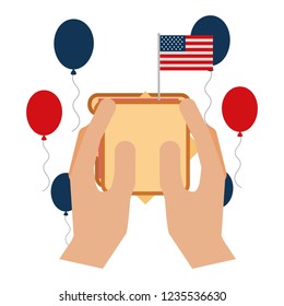hands with sandwich balloons and american flag