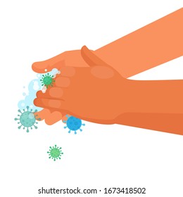  Hands sanitation. Hand washing with soap for disease and virus prevention. Global handwashing day concept. Vector illustration on white background