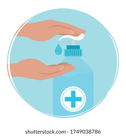 Hands sanitizer bottle and hand design, Disinfects clean antibacterial and hygiene theme Vector illustration