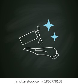 Hands sanitizing chalk icon.Washing hands,alcohol based disinfection liquid.Personal health safety. Hygiene,corona virus prevention concept.Isolated vector illustration on chalkboard