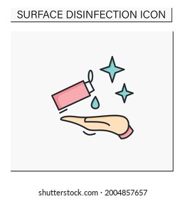Icono de color de saneamiento manual. Pictograma de línea de lavado de manos con líquido de desinfección a base de alcohol. Seguridad de la salud personal, Higiene y prevención de los virus de la corona.Ilustración vectorial aislada