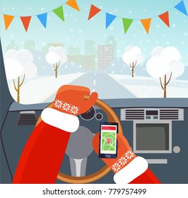 Hands of Santa Claus on the wheel of a car. Vector flat illustration