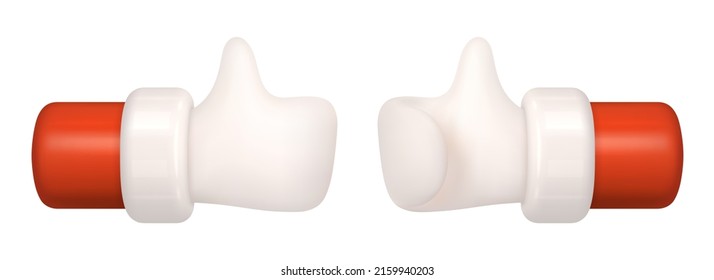 Hands of Santa Claus. Realistic 3D designs in cartoon style. The hands shows a gesture sign - like. Representation of different sides of the hand. Objects isolated on white background. 3d vector