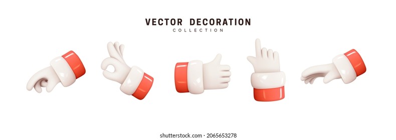 Hands of Santa Claus with red collar. Set of realistic 3d design in cartoon style. Hand shows different gestures signs. Vector illustration