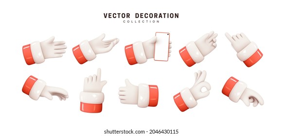 Hands of Santa Claus. Set of realistic 3d design in cartoon style. Hand shows different gestures signs. Collection isolated on white background. Vector illustration