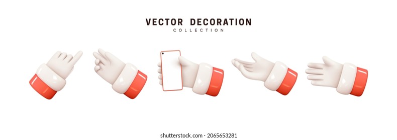 Hands of Santa Claus. Set of realistic 3d design in cartoon style. Hand shows different gestures signs. Vector illustration