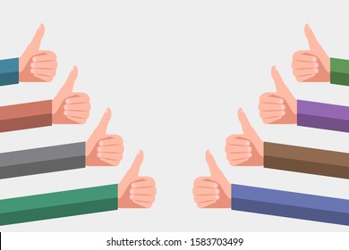 Hands of satisfied users or clients with thumb up gestures. Likes in social media and good feedback from consumers. Concept of successful business or high quality rating of item or services