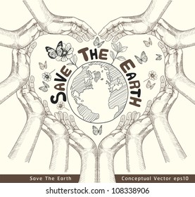 Hands Save The Earth Conceptual. vector illustration.