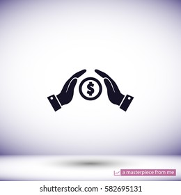 in the hands of the Save money icon, vector . 10 EPS