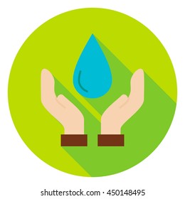 Hands Save the Planet Water Circle Icon. Flat Design Vector Illustration with Long Shadow. Nature Environment Symbol.