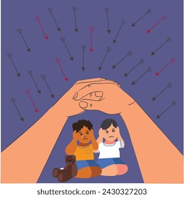 Hands saving and protecting two boys covering thier ears so as not to hear her parents quarrel. A child is sitting on the floor and crying. Children's traumatic experience. 