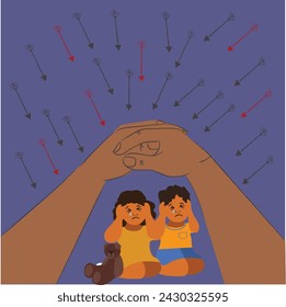 Hands saving and protecting two siblings covering their ears so as not to hear her parents quarrel. A child is sitting on the floor and crying. child's traumatic experience. 