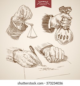 Hands with scales bag of money writing signing paper document icon set. Engraving style pen pencil crosshatch hatching paper painting retro vintage vector lineart illustration.