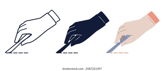 Hands with scalpel. Black silhouette and line icon. Professional medical equipment for surgical operation. Steel blade, doctor hand in gloves. Cartoon flat style isolated vector set