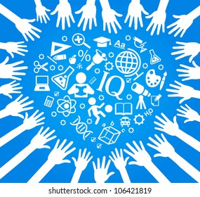 Hands with school icons