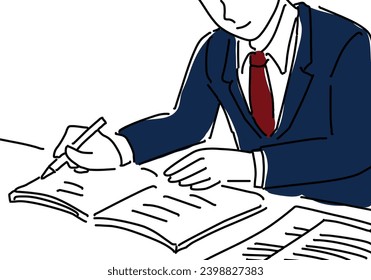 Hands of schoolboy studying for exams hand drawing illustration