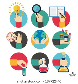 Hands with  science experiment object icons set, Flat Design Vector illustration