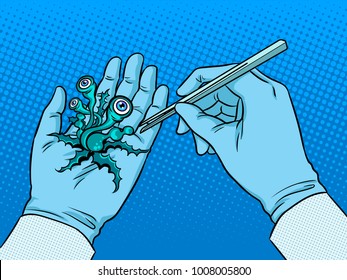 Hands of scientist exploring alien plant creature pop art retro vector illustration. Color background. Comic book style imitation.