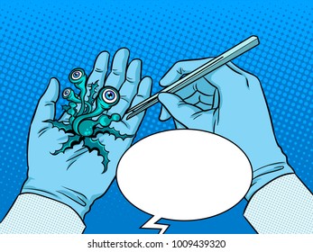 Hands of scientist exploring alien plant creature pop art retro vector illustration. Color background. Comic book style imitation.