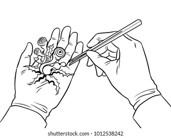 Hands of scientist exploring alien plant creature coloring vector illustration. Isolated image on white background. Comic book style imitation.