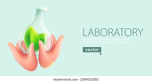 Hands of scientist holding chemical sphere flask with green leaves inside. Eco illustration. Realistic Vector 3D render in cartoon plastic style. Agriculture, Education, Research art for web banner.